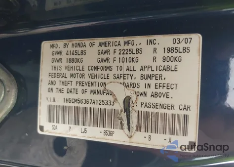 2007 Honda Accord 2.4 Se z USA, uszkodzony, nr VIN 1HGCM56367A125333